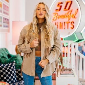 Tan Judith March fringe shacket. Size large pearl snaps. Never worn